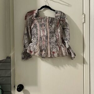 All Saints Smocked Ruffled Blouse in Pink and Gray